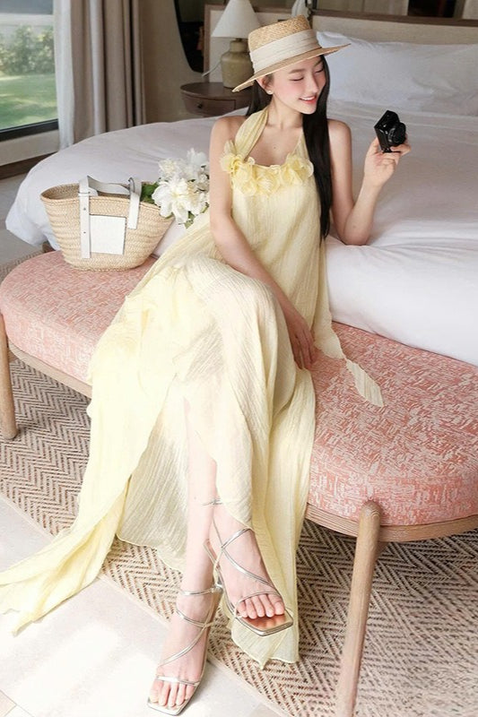 Halter Elegant Slim 3D Floral Maxi Dress