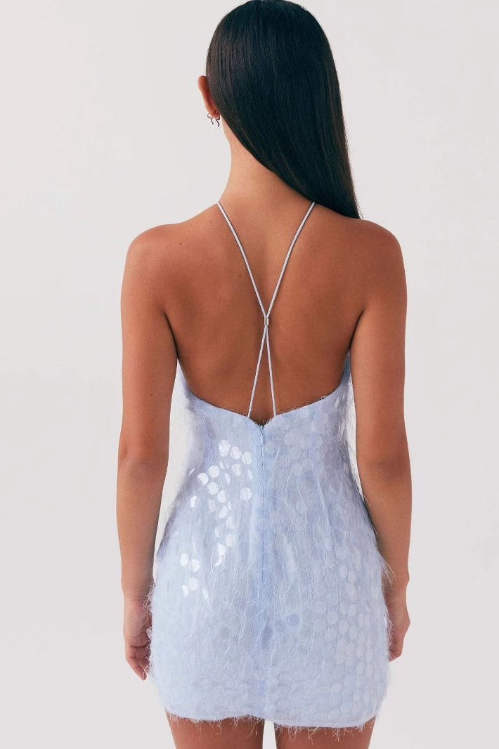 Halter Sequin Backless Cross Tie Graduation Party Dress