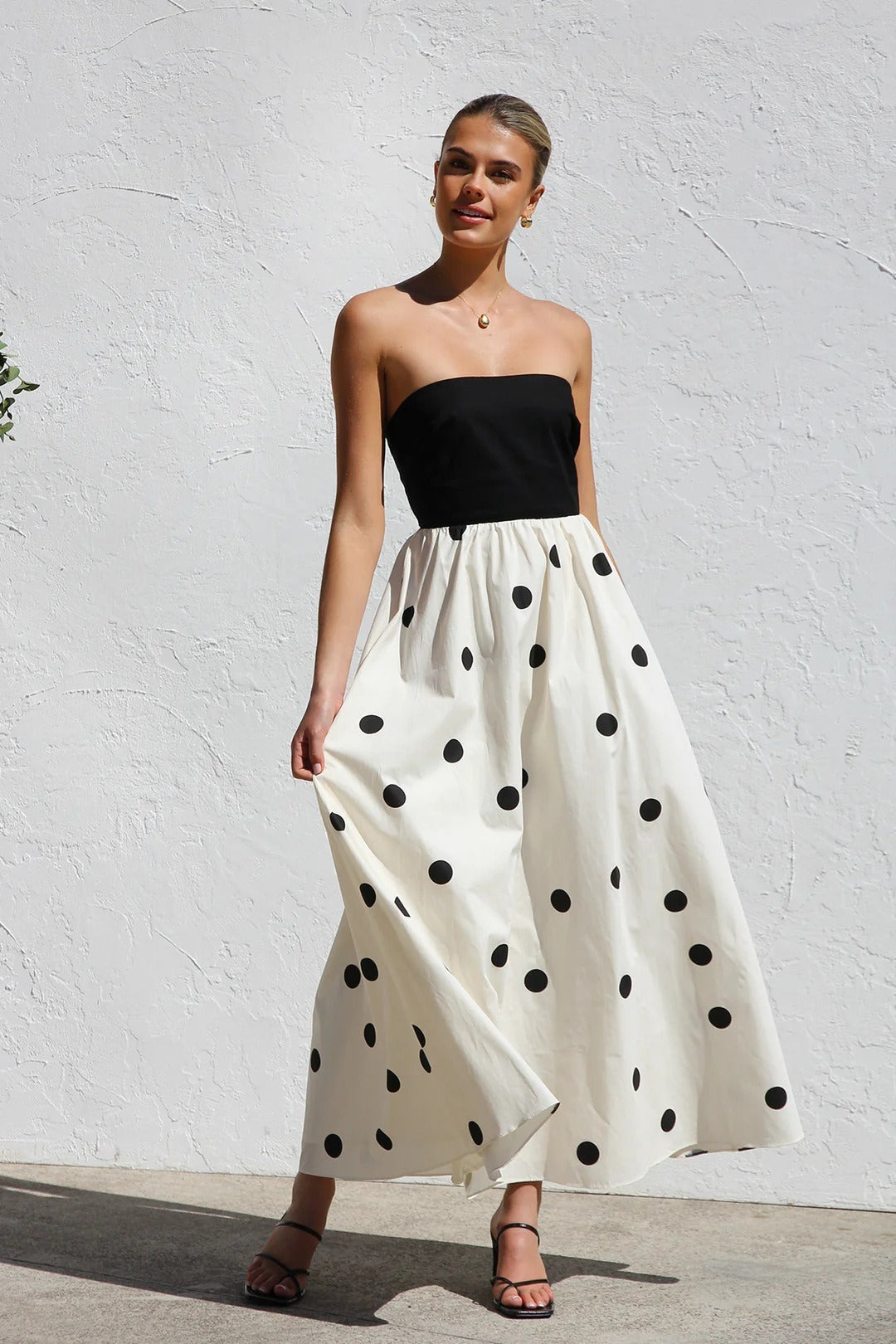 Polka Dot Print Strapless ALine Maxi Dress