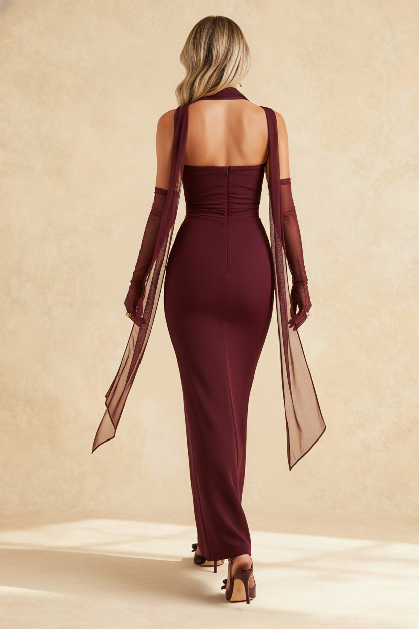 Hudson Maxi Dress With Stole And Gloves Maroon