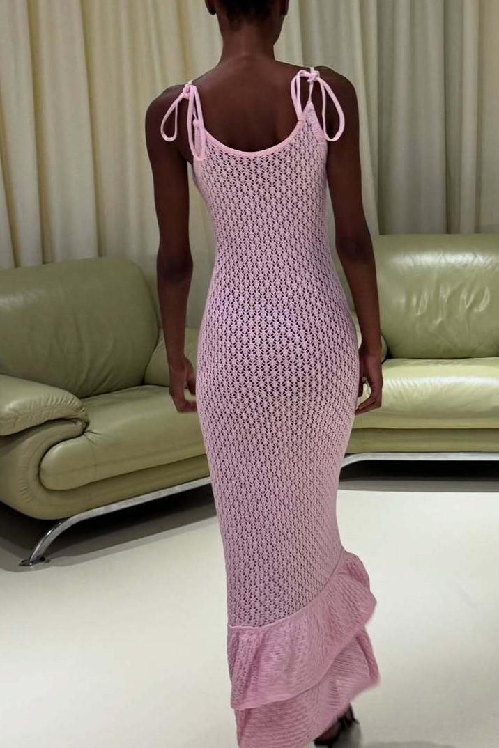 Boho Ruffle Knit Sexy Cutout Sheer Cami Maxi Dress