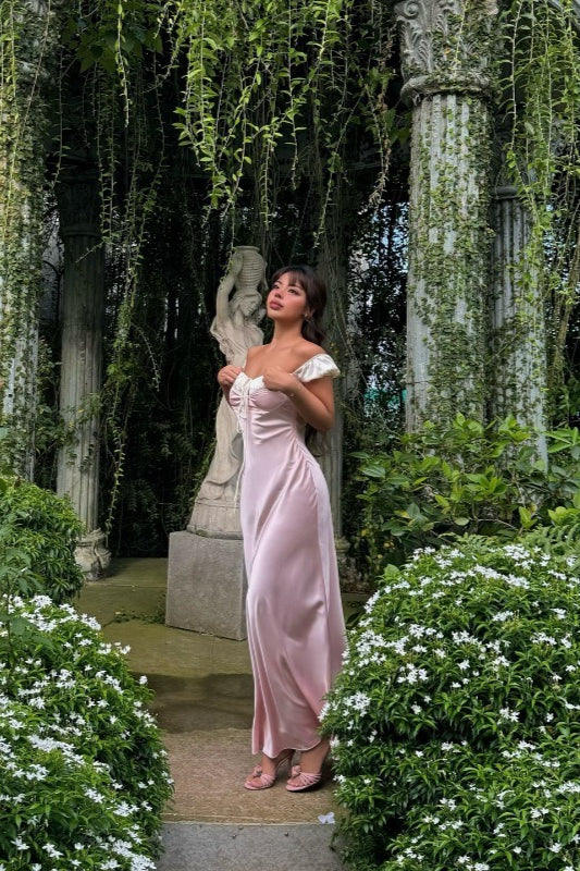 Satin Strapless Tie Slim Romantic Maxi Dress