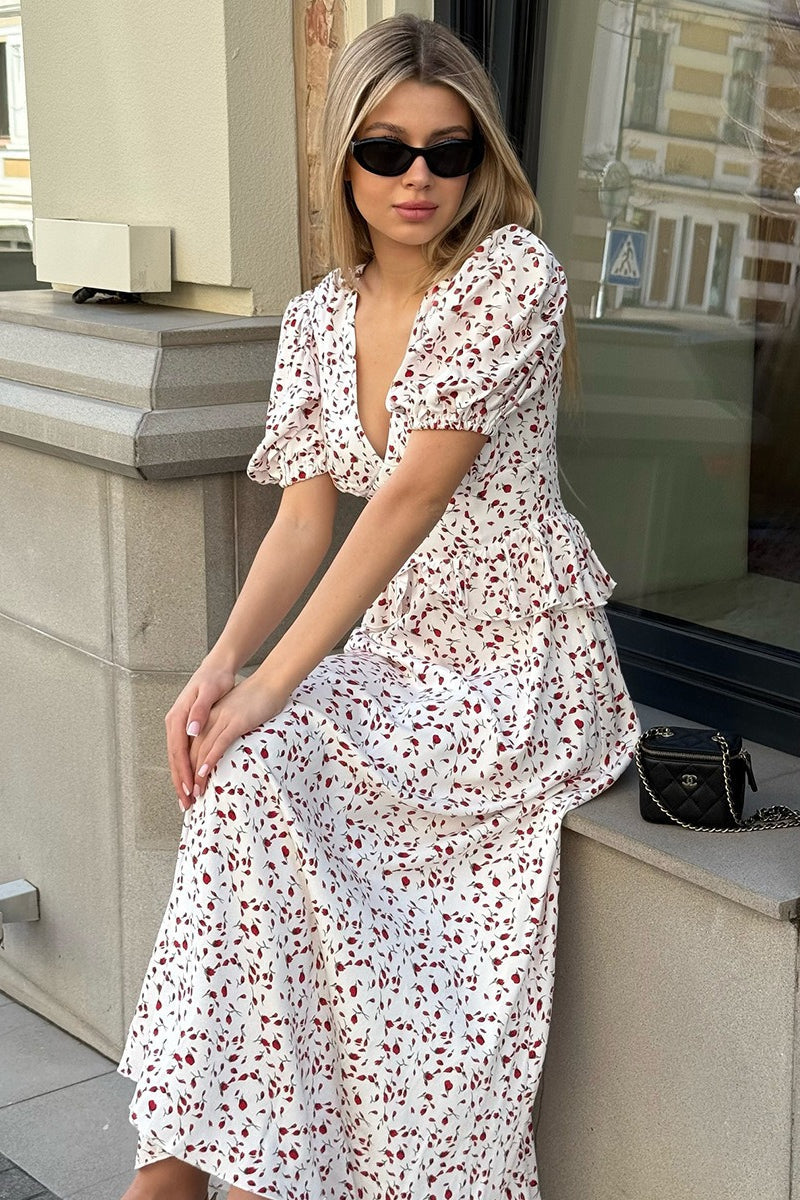 VNeck Wrap Waist Puff Floral Dress