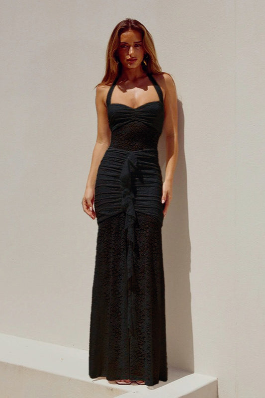 Sheer Lace Ruched Halter Wrap Dress