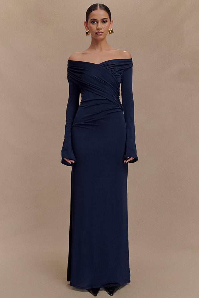 VNeck Slim Fit Ruched Maxi Dress