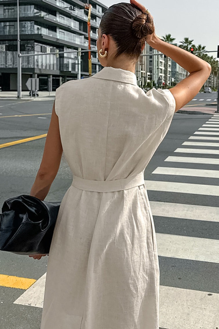 Linen Cotton High Waist Slit Tie Maxi Dress