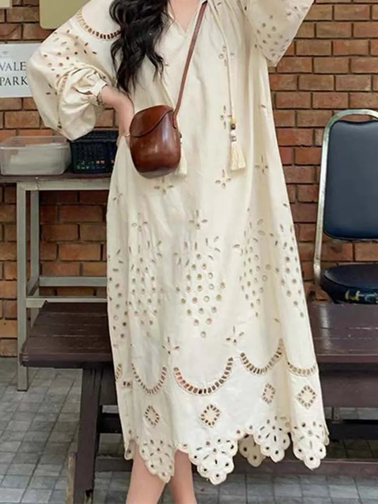 2024 Korean Style Vintage Long Sleeve VNeck Boho Hollow Out Maxi Dress