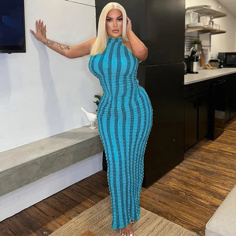 Patchwork Halter Ruched Maxi Dress