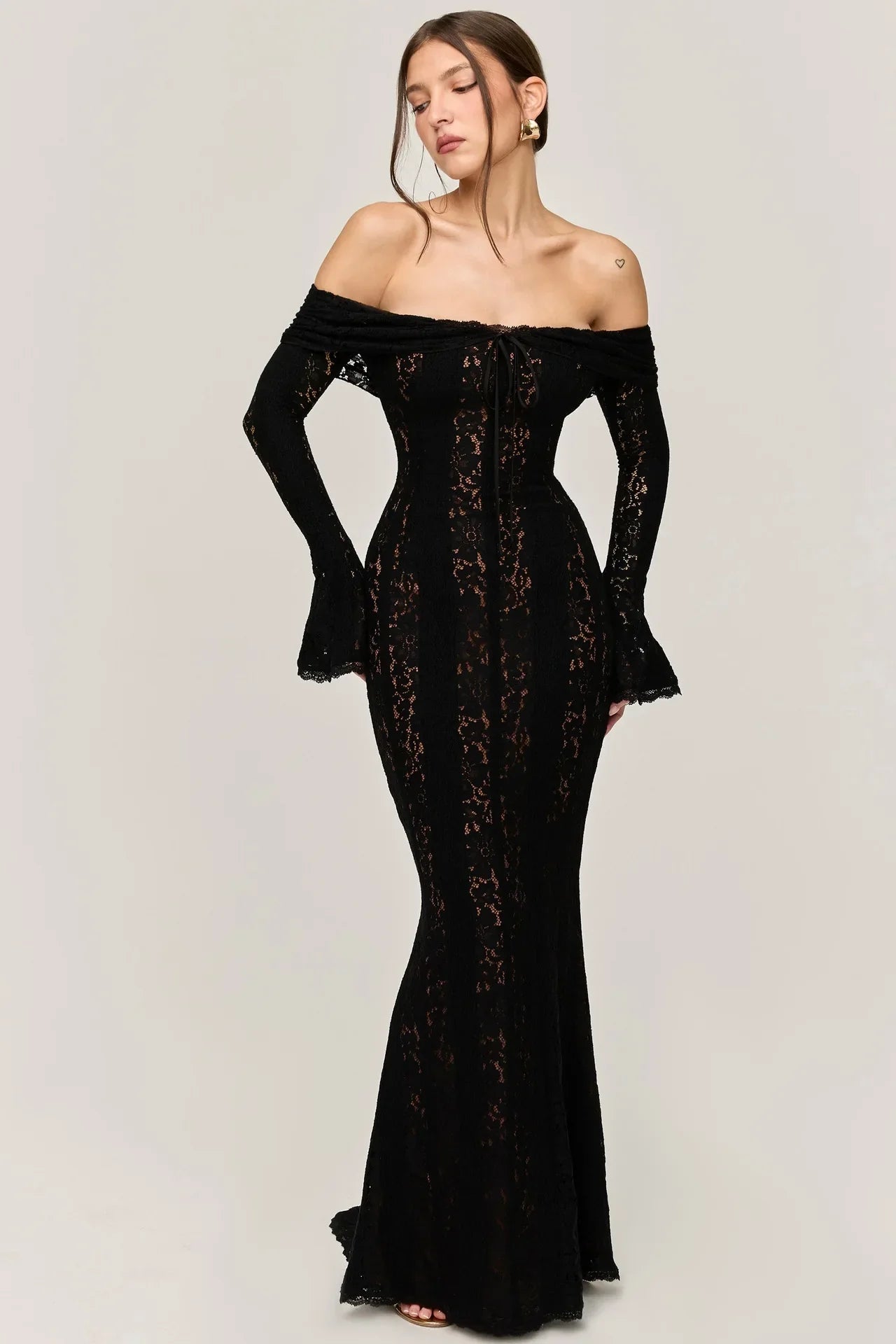 Hollow Lace Strapless Maxi Dress