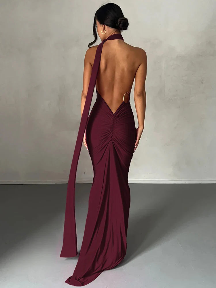 One Shoulder Scarf Ruched Maxi Dress