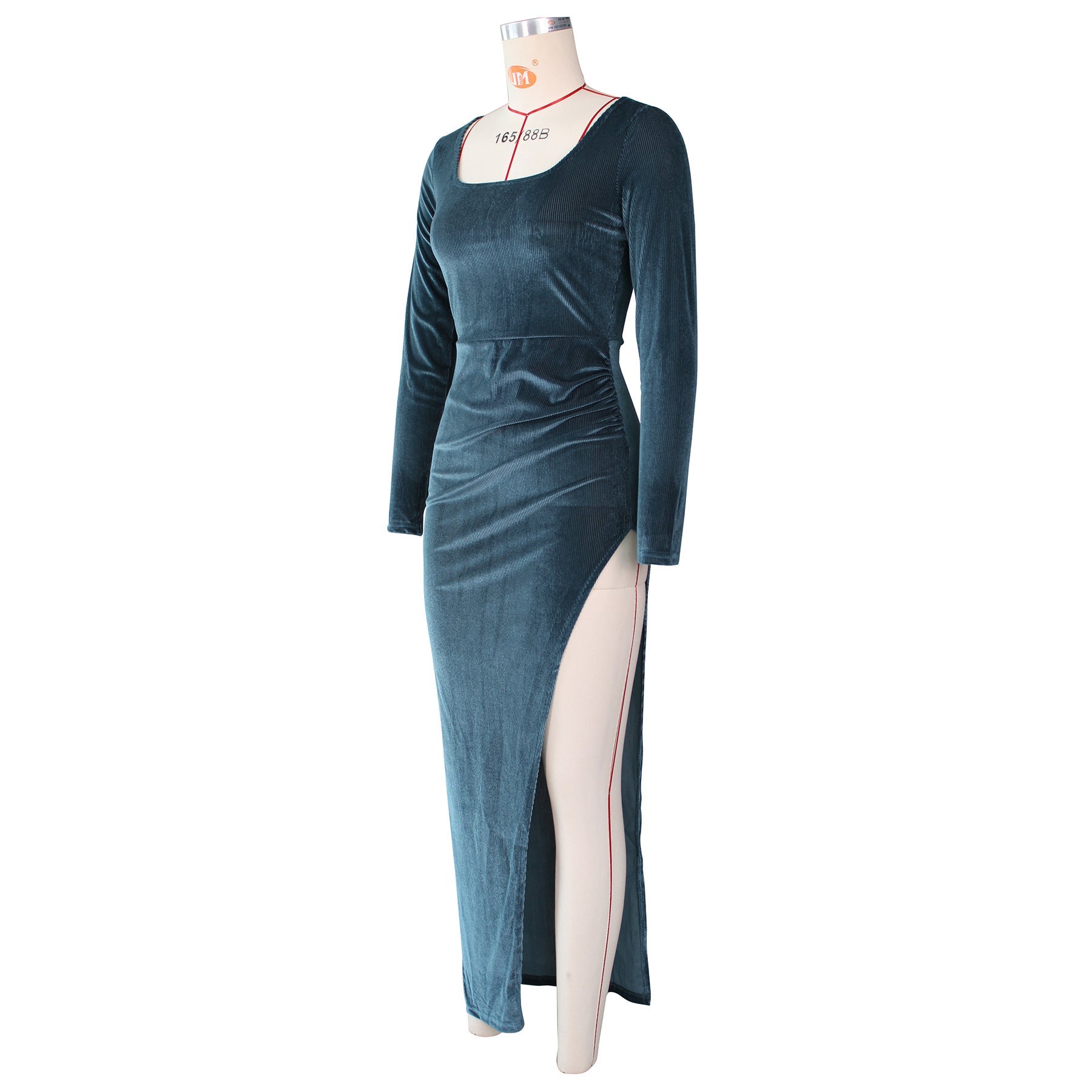 Elegant Velvet High Waist Slit Maxi Dress Sexy Long Sleeve Evening Party Dress