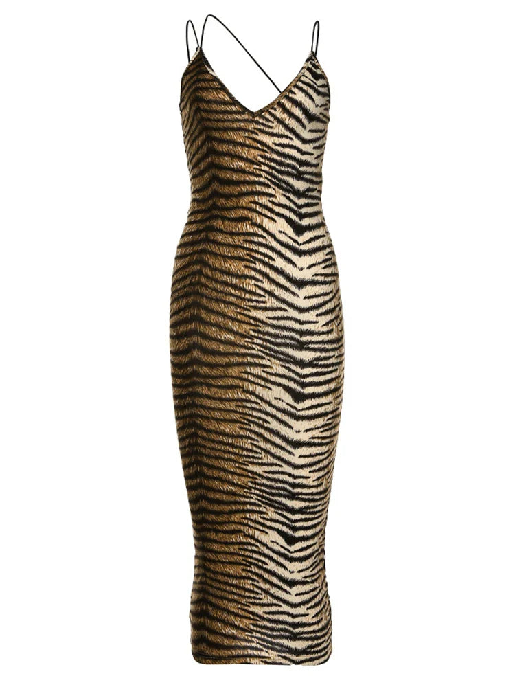 2024 Tiger Print Spaghetti Strap VNeck Party Clubwear Maxi Dress