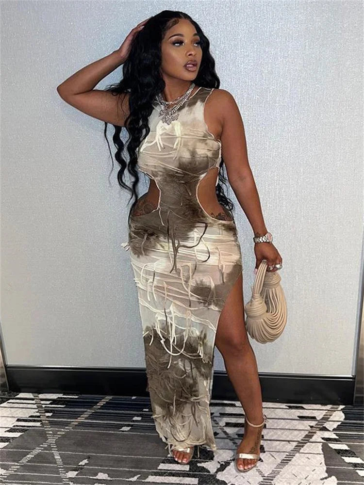 2024 Tie Dye Tassels Sleeveless Maxi Dress Cut Out Bodycon Dresses