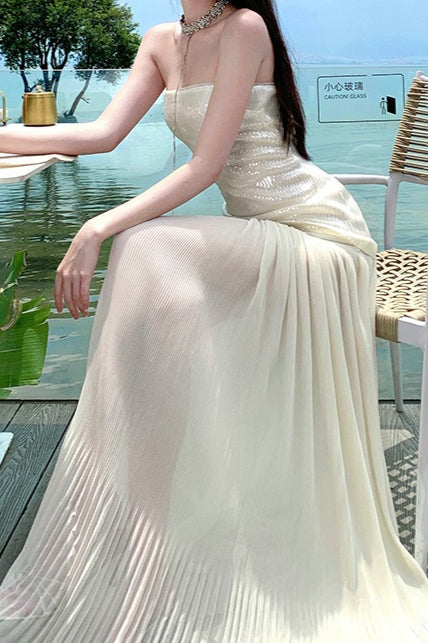 Sequin Patchwork Strapless Flowy Maxi Dress