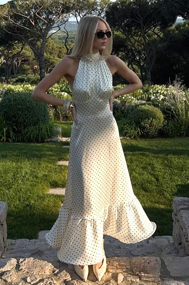 Polka Dot Backless Satin Maxi Dress