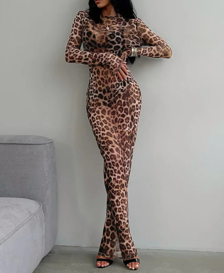Leopard Print Sleeve Maxi Dress