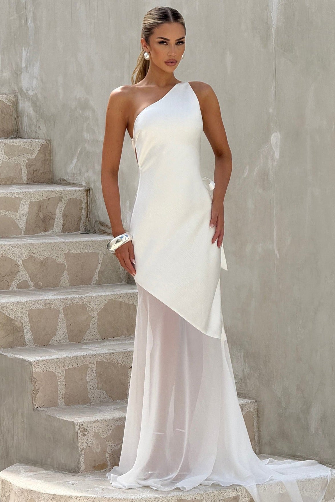One Shoulder Sleeveless Backless Slim Mesh Tie Maxi Dress