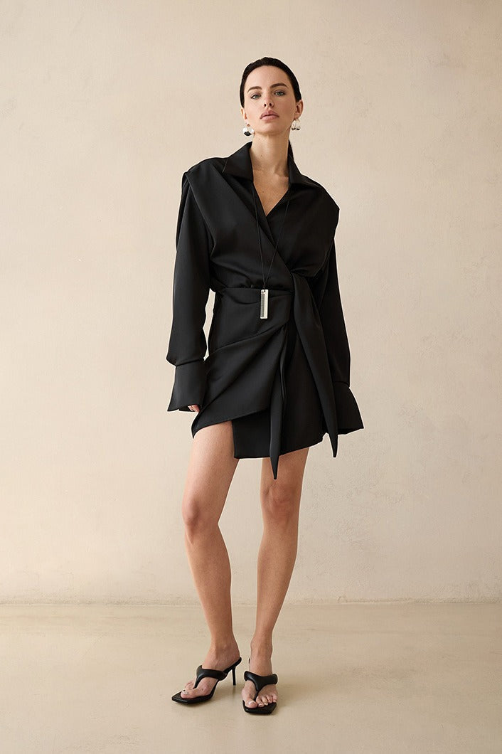 Solid Wrap Front Long Sleeve Slim Waist Mini Dress