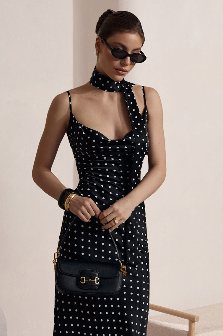 Elegant Polka Dot Cowl Neck Maxi Dress