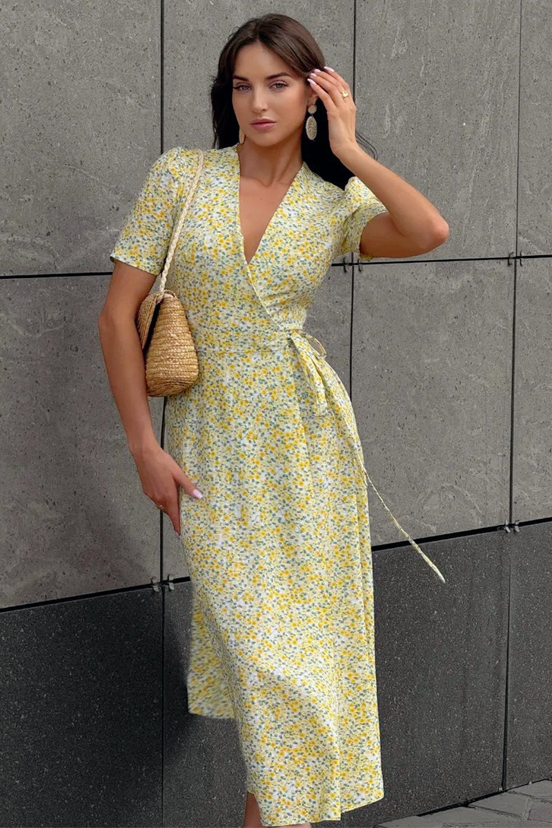 VNeck Short Sleeve Floral Wrap Dress