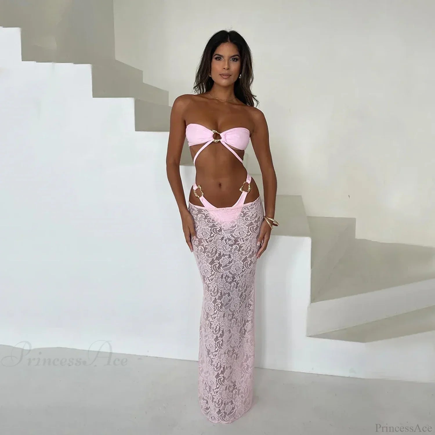 Brazil Long Dress Bandeau Three Piece Swimsuit pink / S