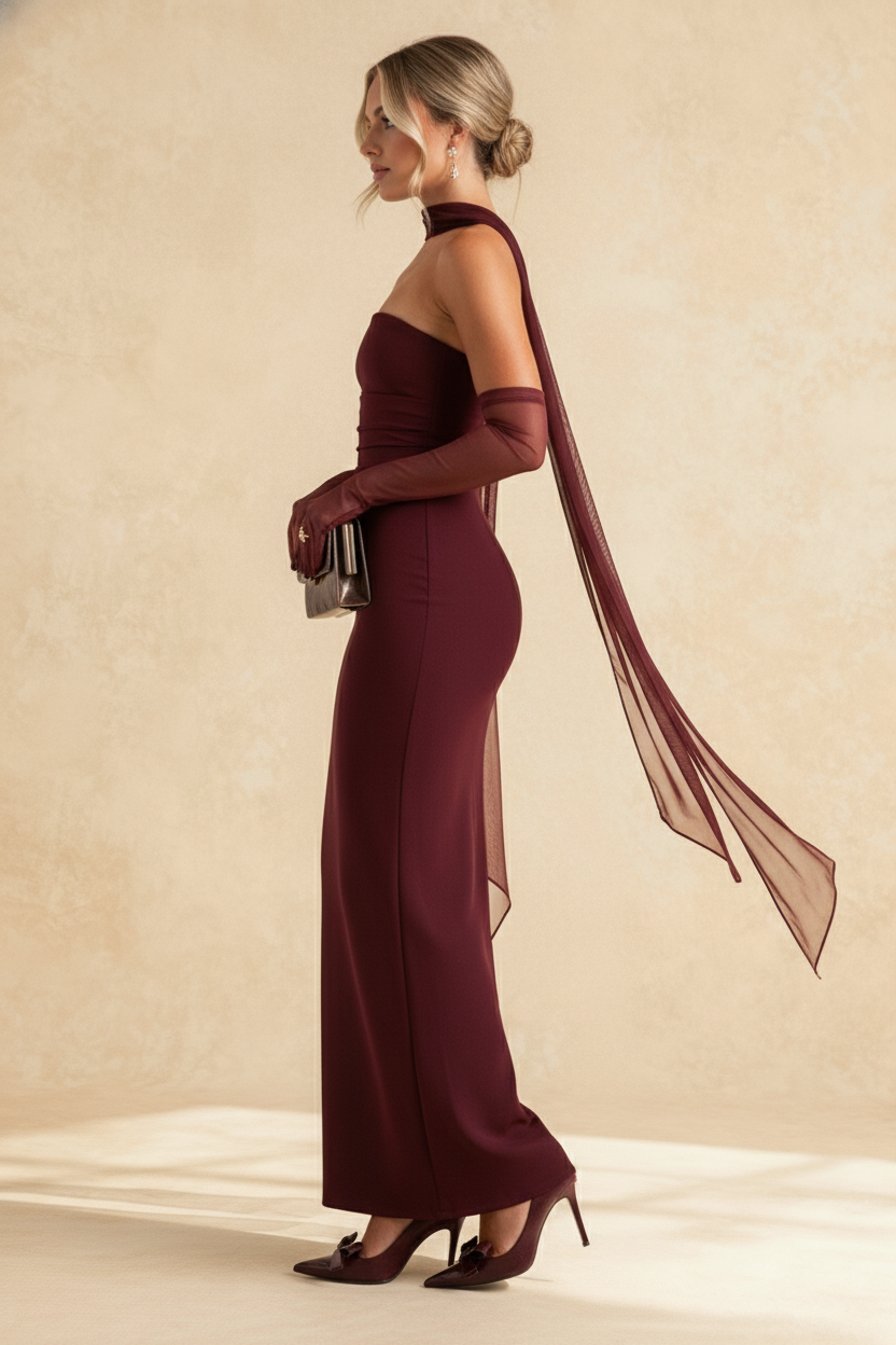 Hudson Maxi Dress With Stole And Gloves Maroon