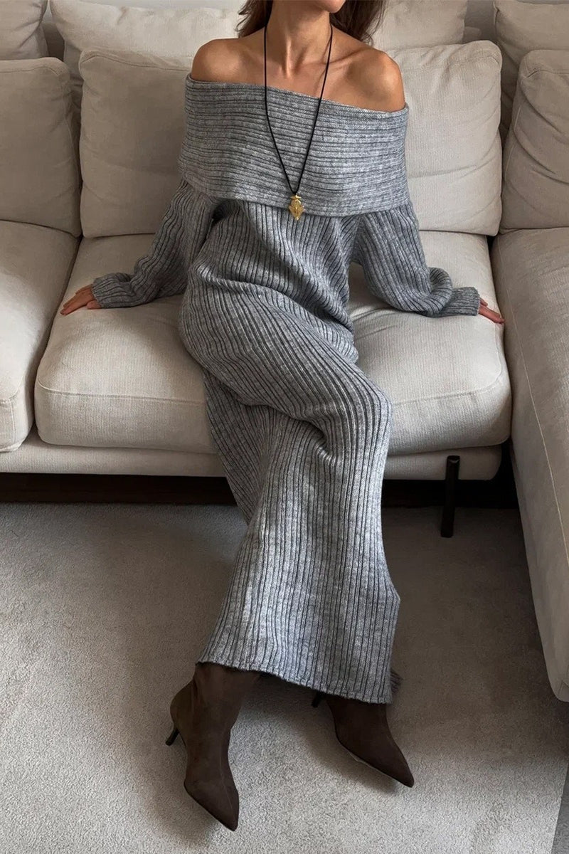 Solid Elegant Minimalist Off Shoulder Bodycon Knit Maxi Dress