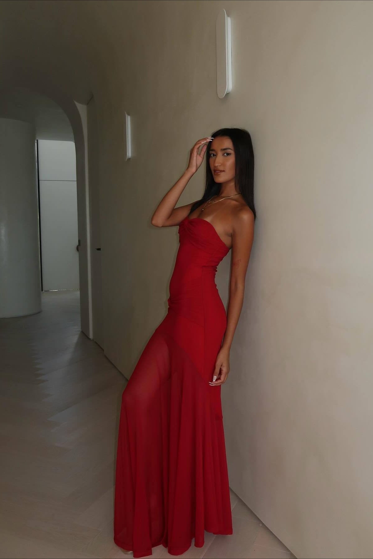 Mesh Patchwork Strapless Shirred Backless Bodycon Maxi Dress