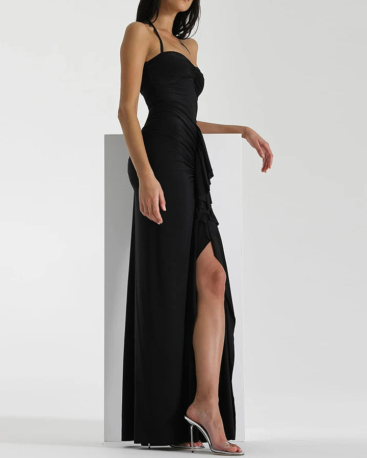 Ruched Bandage Split Halter Maxi Dress