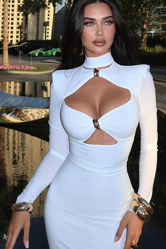 Solid Elegant Minimalist Cutout Metal Embellished Fitted Maxi Dress