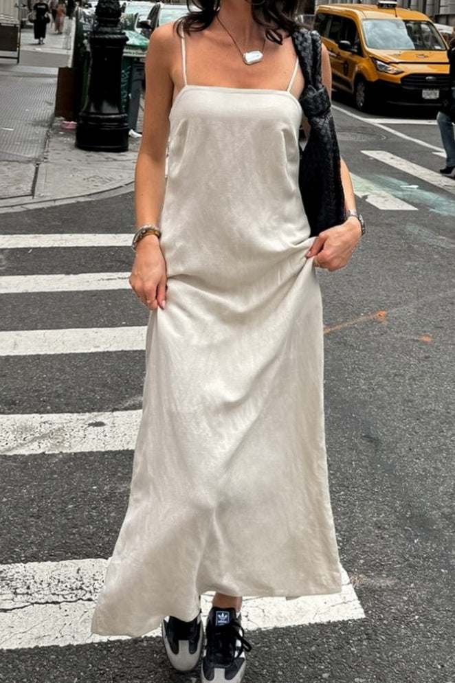 Khaki Linen Cotton Cami Loose Office Maxi Dress