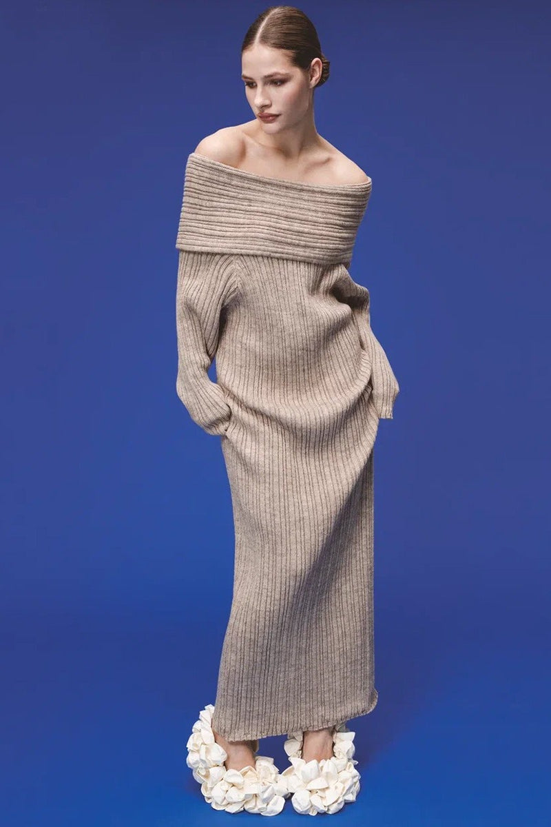 Solid Elegant Minimalist Off Shoulder Bodycon Knit Maxi Dress
