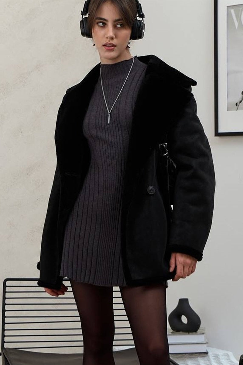 Elegant Playful Knit Mock Neck Long Sleeve A Line Mini Dress