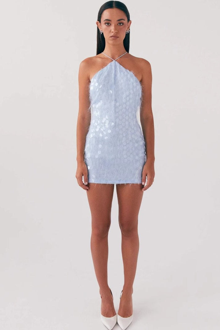 Halter Sequin Backless Cross Tie Graduation Party Dress