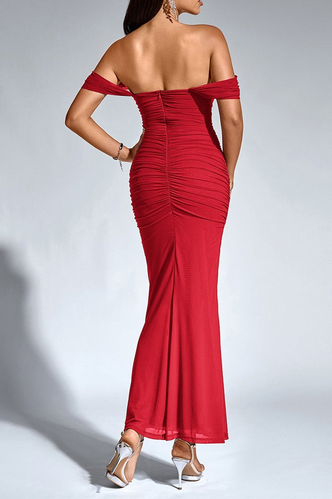 Sexy Fishbone Mesh Pleated Backless Bodycon Dress