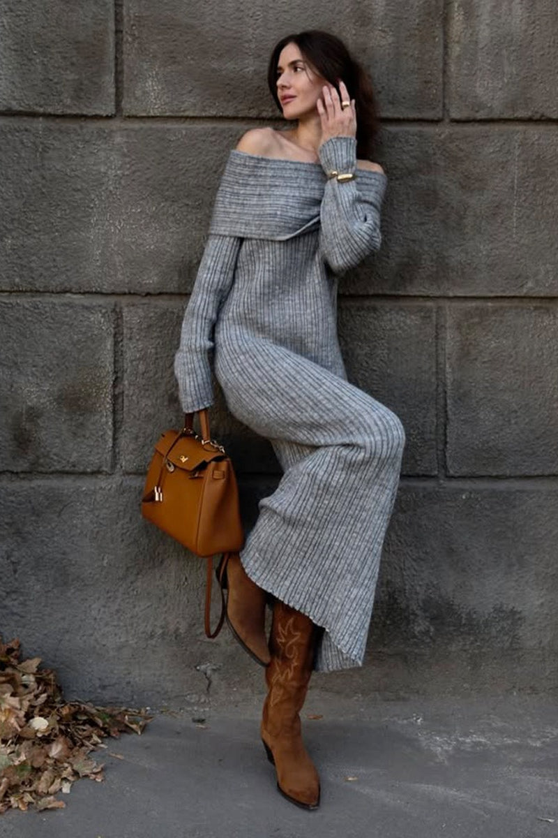 Solid Elegant Minimalist Off Shoulder Bodycon Knit Maxi Dress