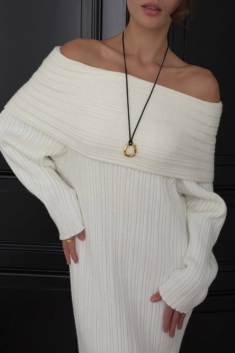 Solid Elegant Minimalist Off Shoulder Bodycon Knit Maxi Dress