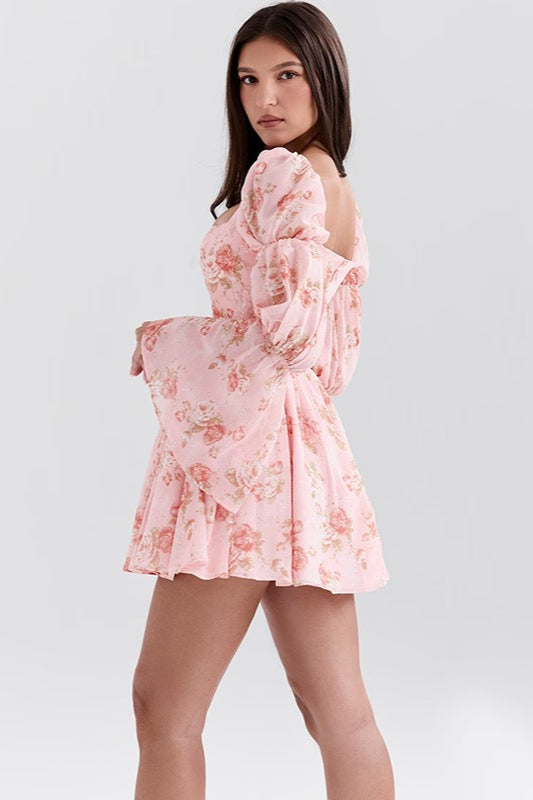 Rose Print Long Sleeve ALine Floral Dress