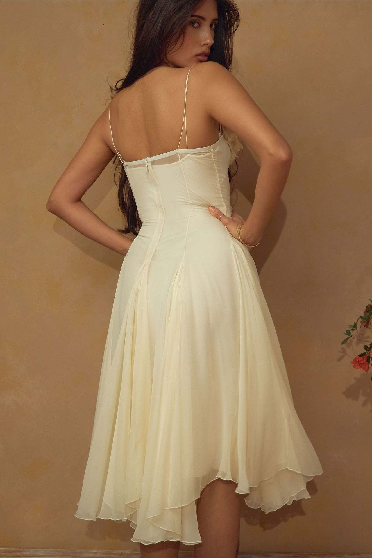 3D Flower Deep V Patchwork Spaghetti Strap Romantic Midi Dress