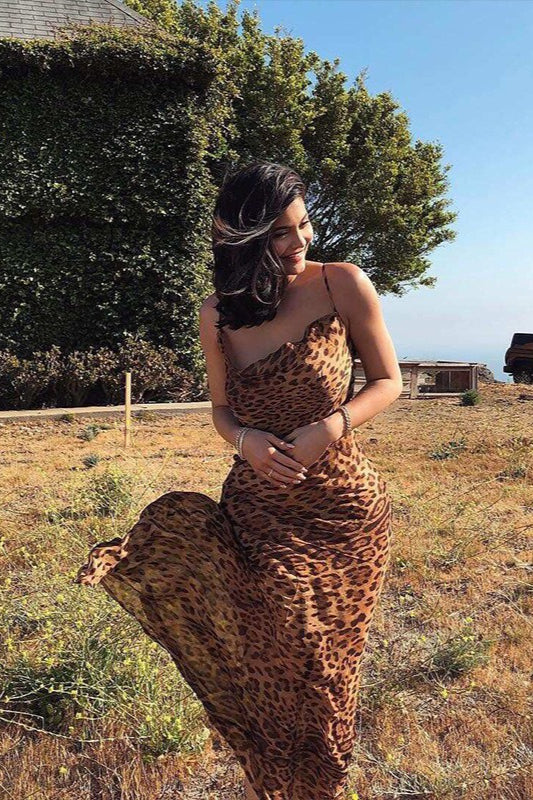 Leopard Print Backless Bodycon Maxi Dress