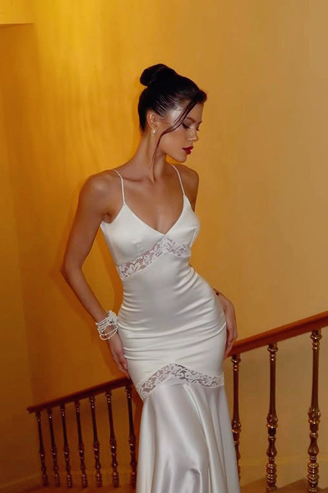 Solid Color VNeck Lace Insert Silk Dress