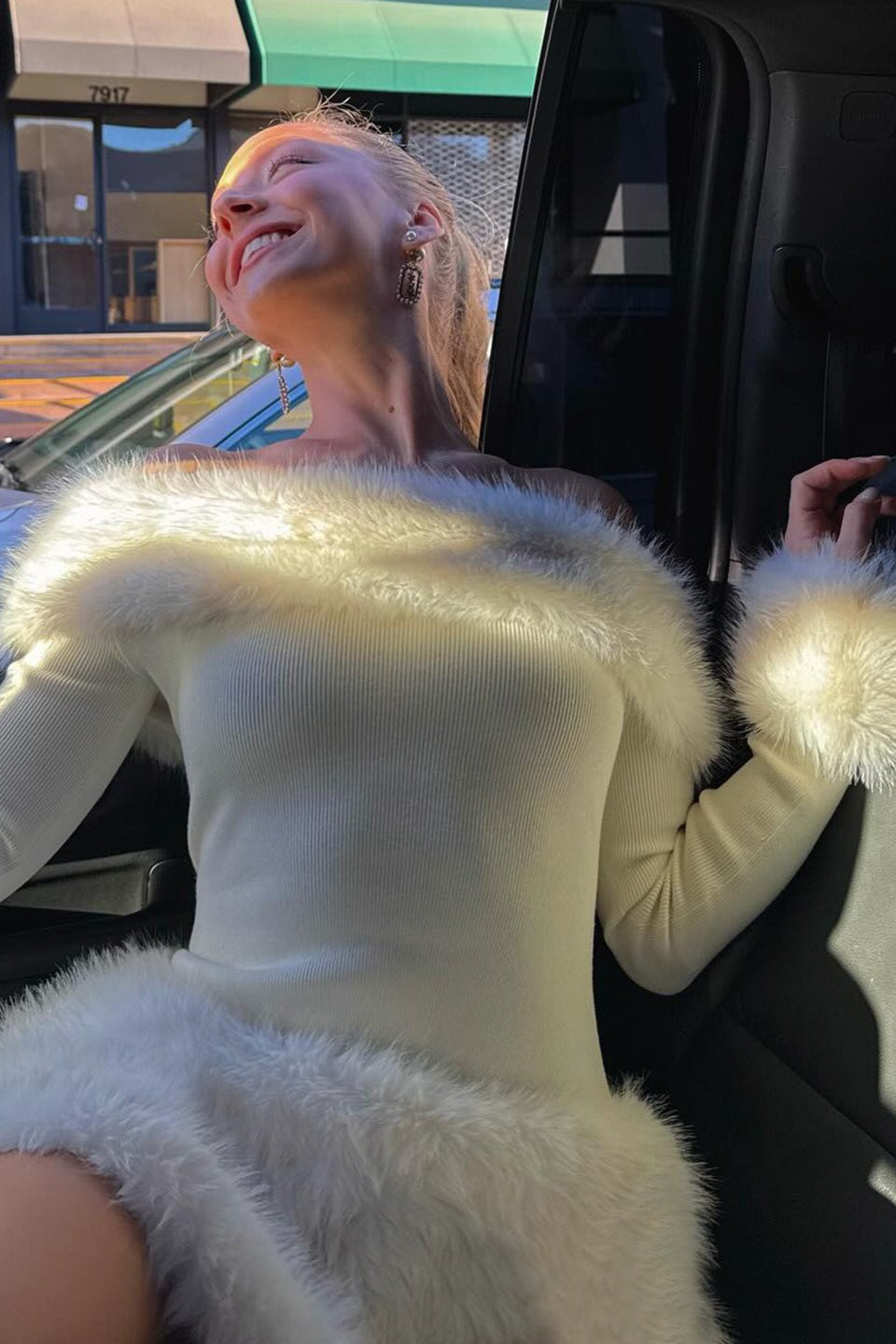 Faux Fur Trim Off-The-Shoulder Bodycon Mini Dress