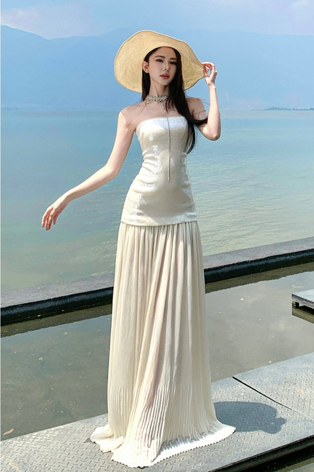 Sequin Patchwork Strapless Flowy Maxi Dress