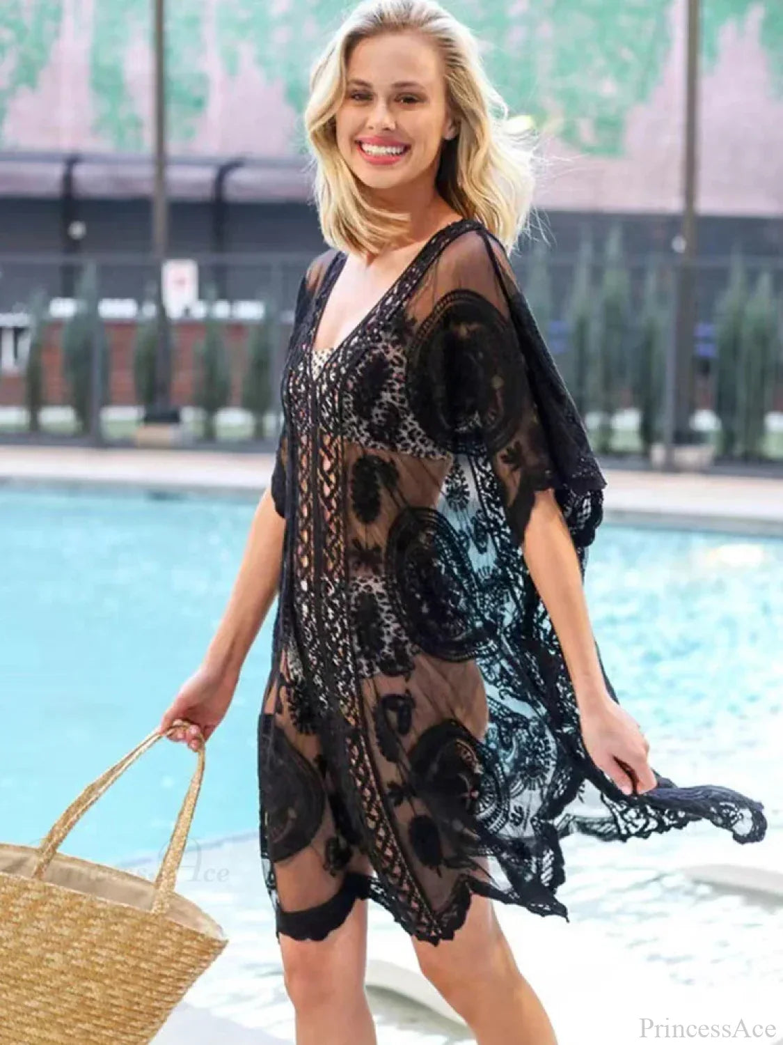 Embroidery Lace V-Neck Bikini Cover Up Black / One Size