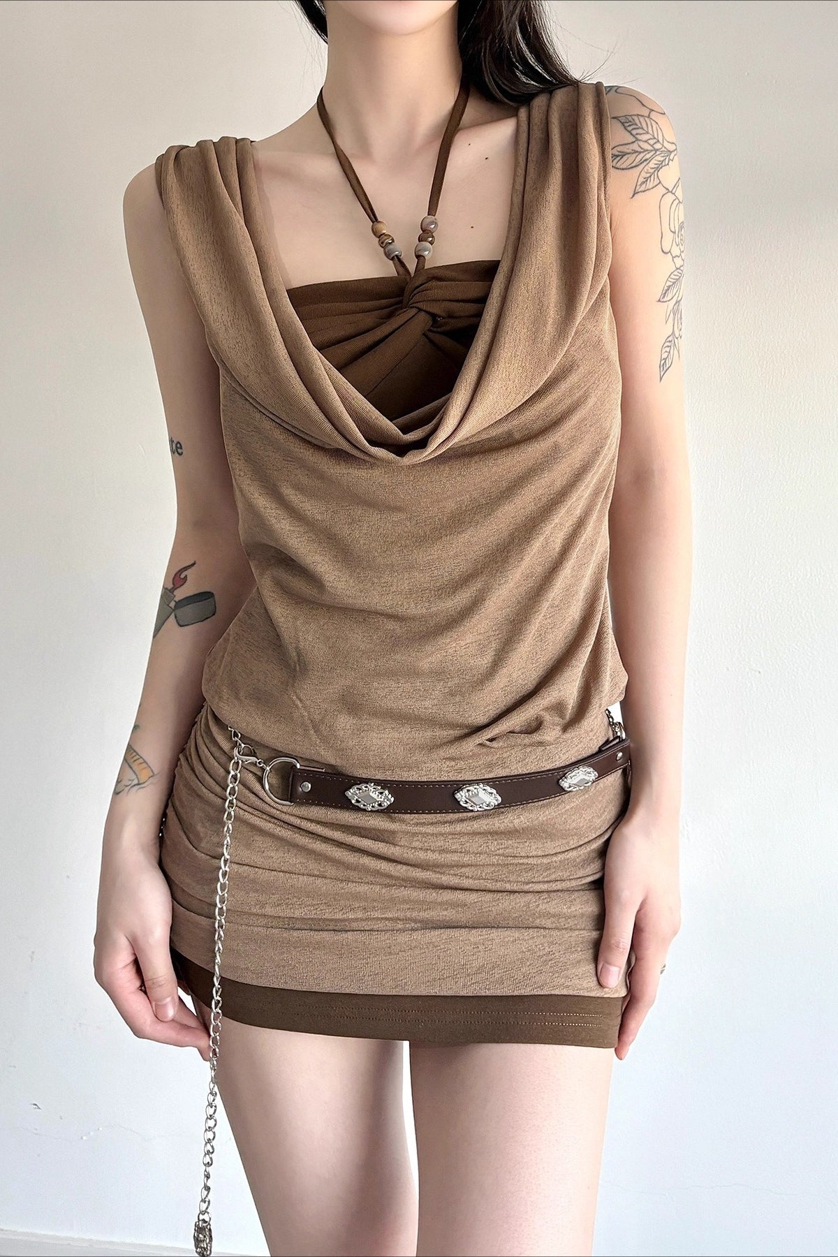 Distressed Draped Neck Beaded Two Piece Bodycon Mini Dress