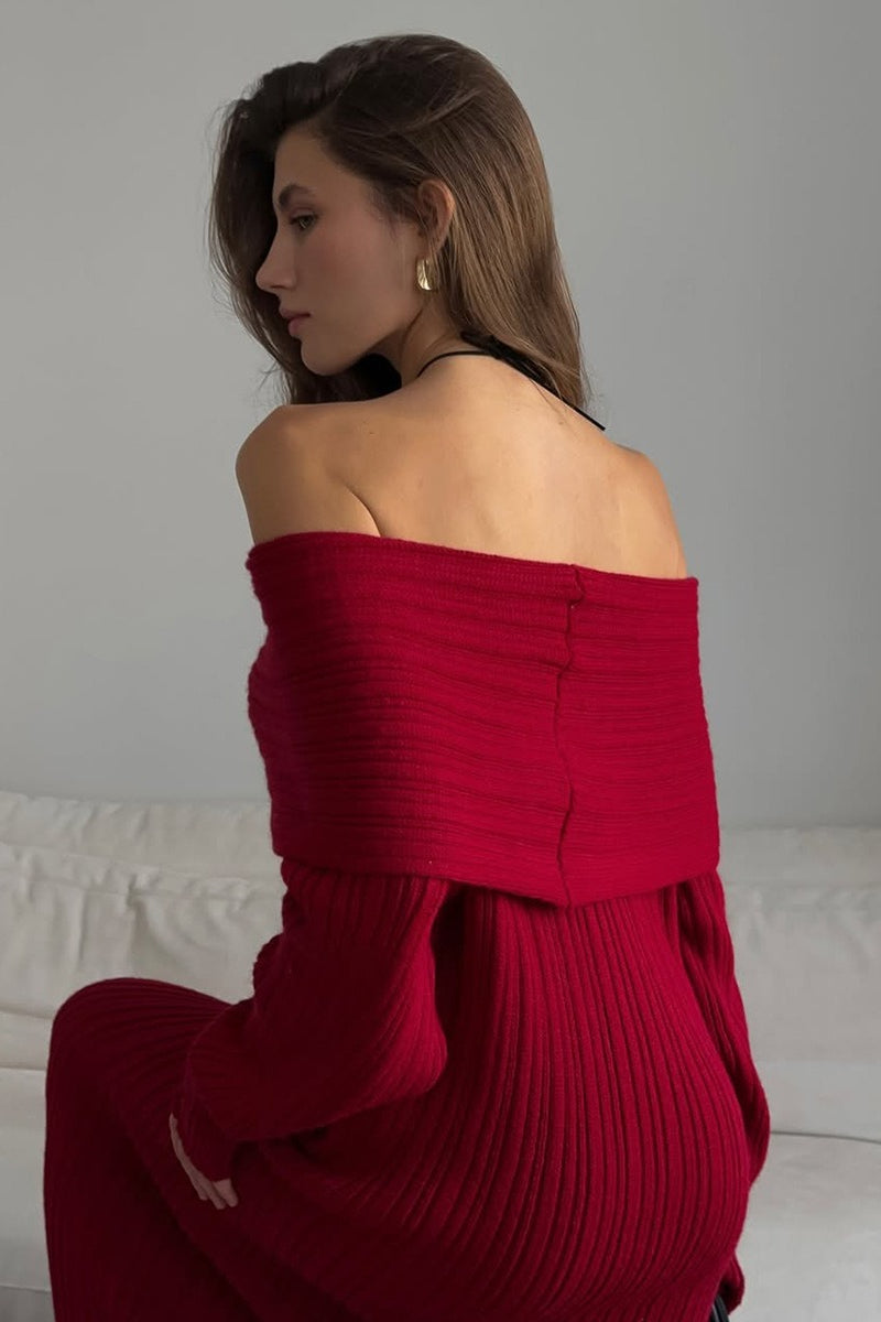 Solid Elegant Minimalist Off Shoulder Bodycon Knit Maxi Dress