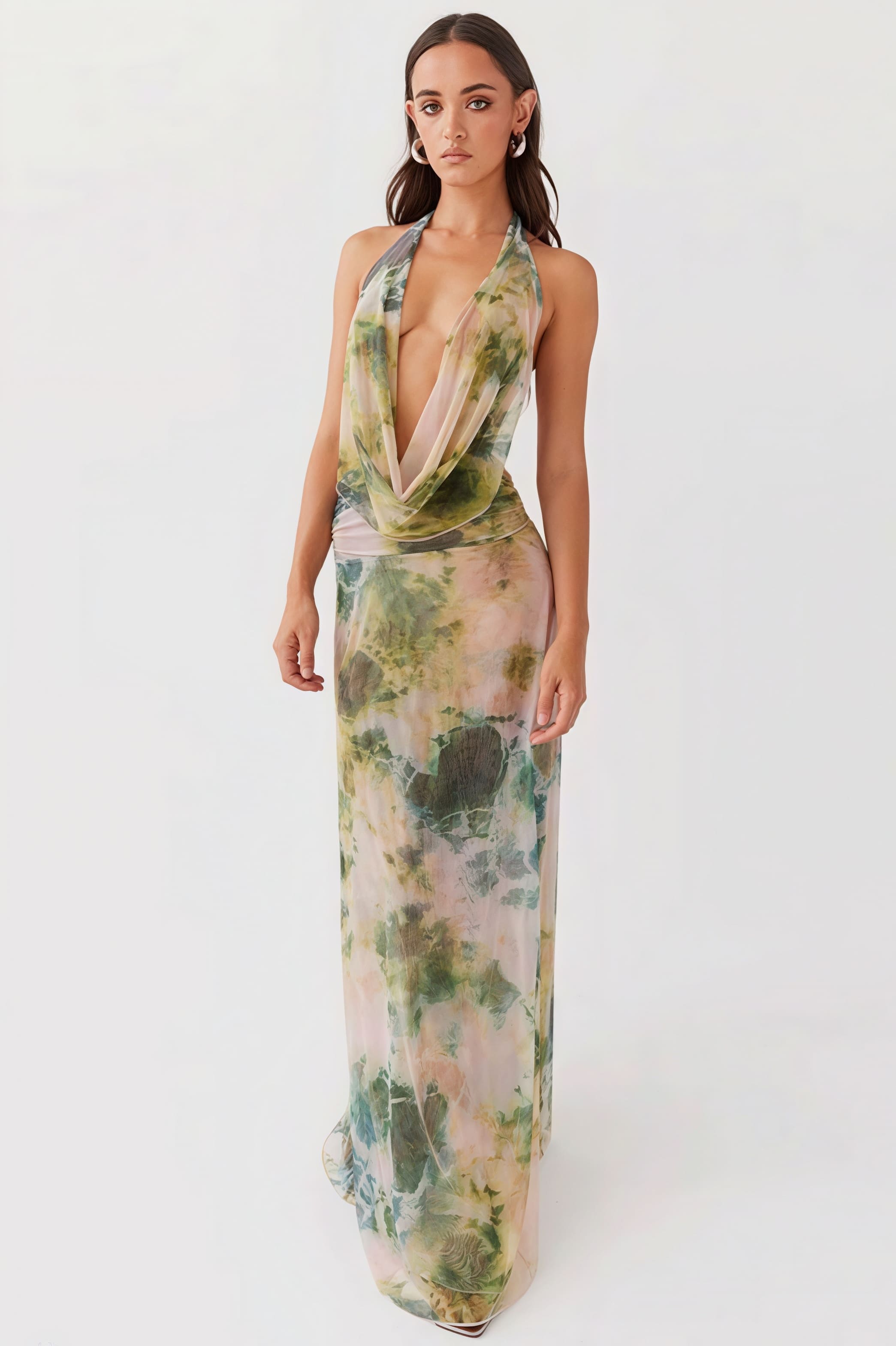 Watercolor Print Deep V Cowl Neck Backless Cami Ruched Maxi Dress