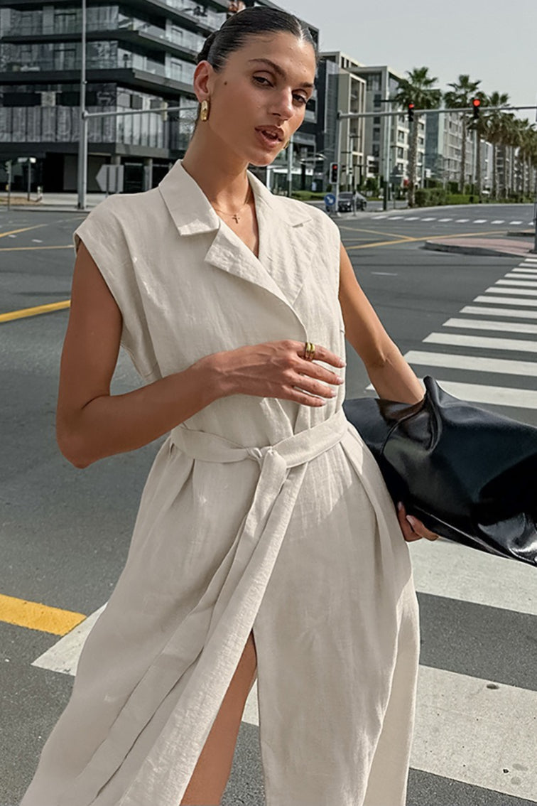 Linen Cotton High Waist Slit Tie Maxi Dress