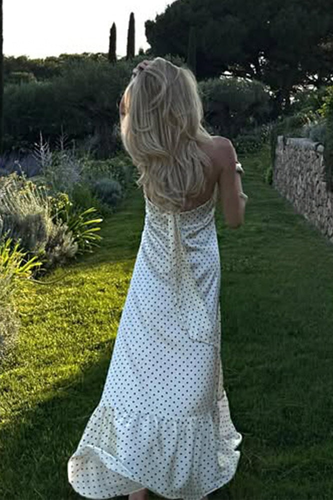 Polka Dot Backless Satin Maxi Dress