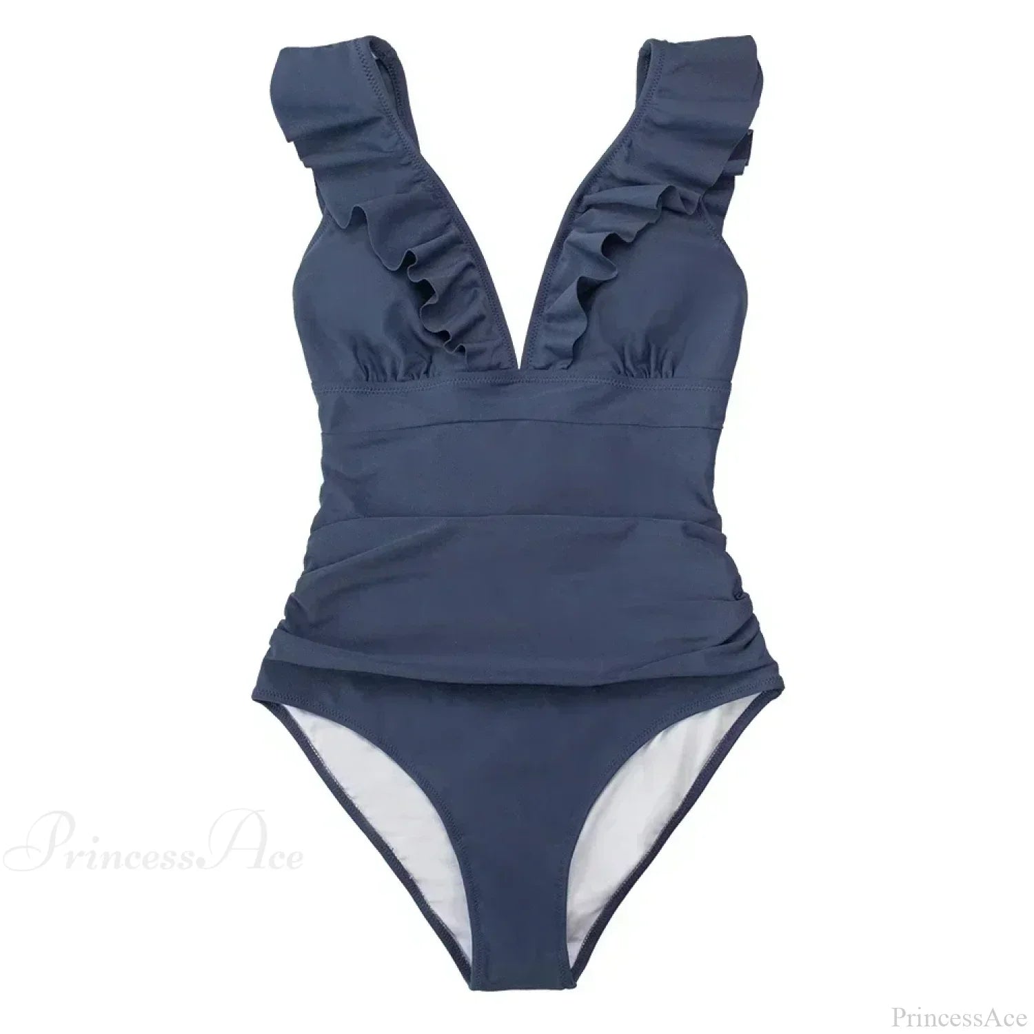 Ruffled V-neck Lace Up One Piece Set Gray blue / S